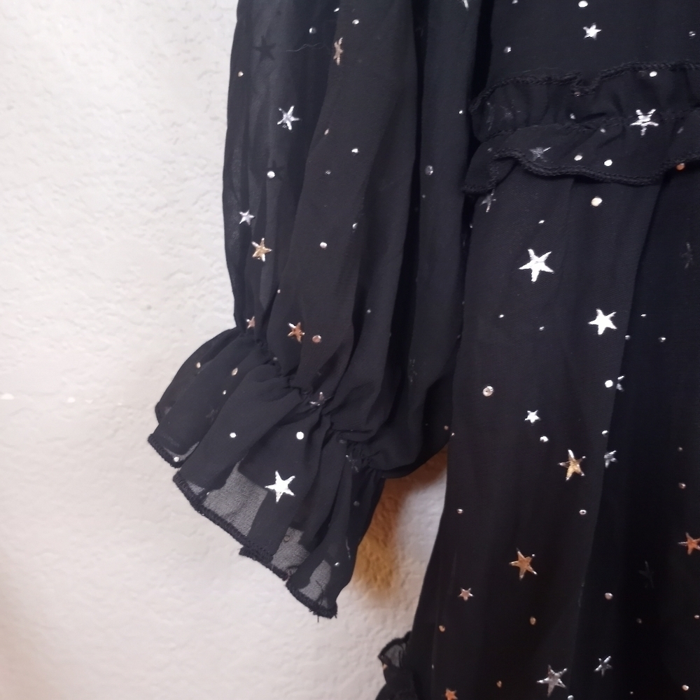 Whimsigoth Sheer Black Silver Star Ruffled Deep V Festive Holiday Dress XL - Picture 3 of 11